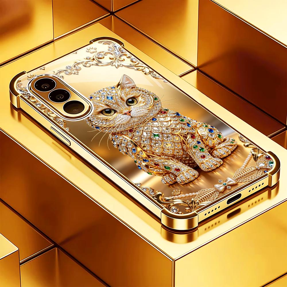 Phone Cases Metal - Cute gemstone gold cat Tempered Glass