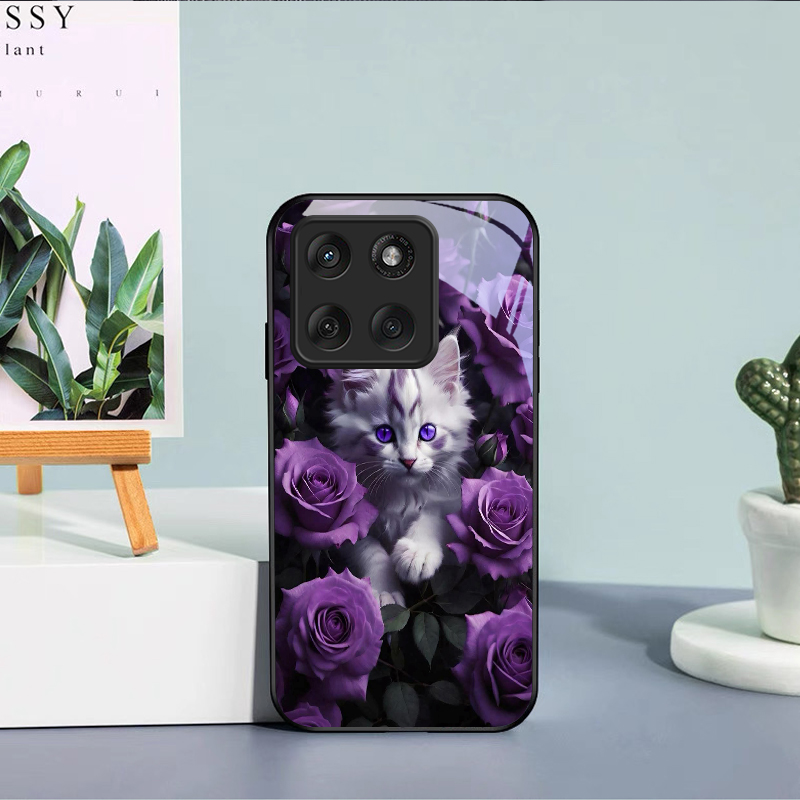 Kitten Purple Roses Black Glas - Phone Cases Purple 评论和价格